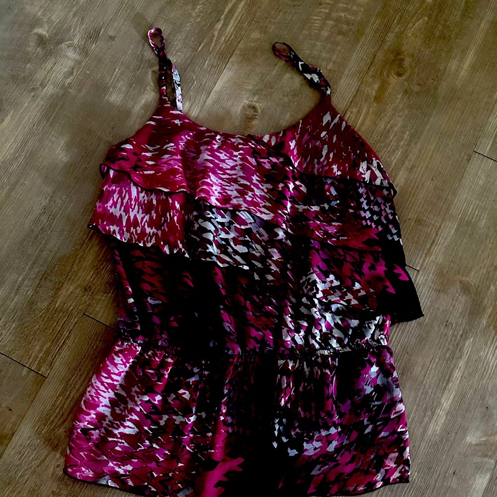 A. Byer Dark Pink/Purple and Black Ruffle Blouse